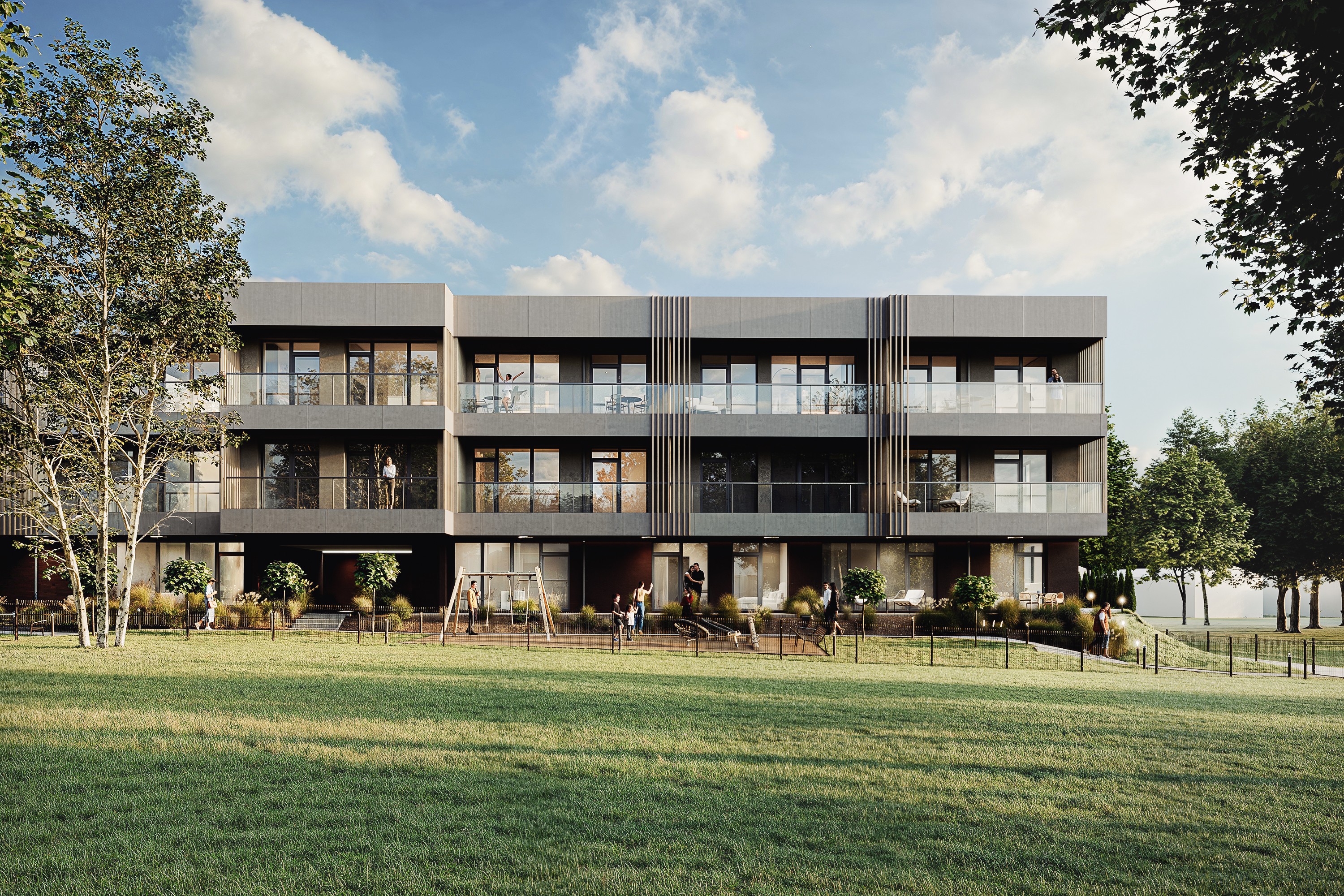 Building with terraces and balconies beyond a green lawn – rendering